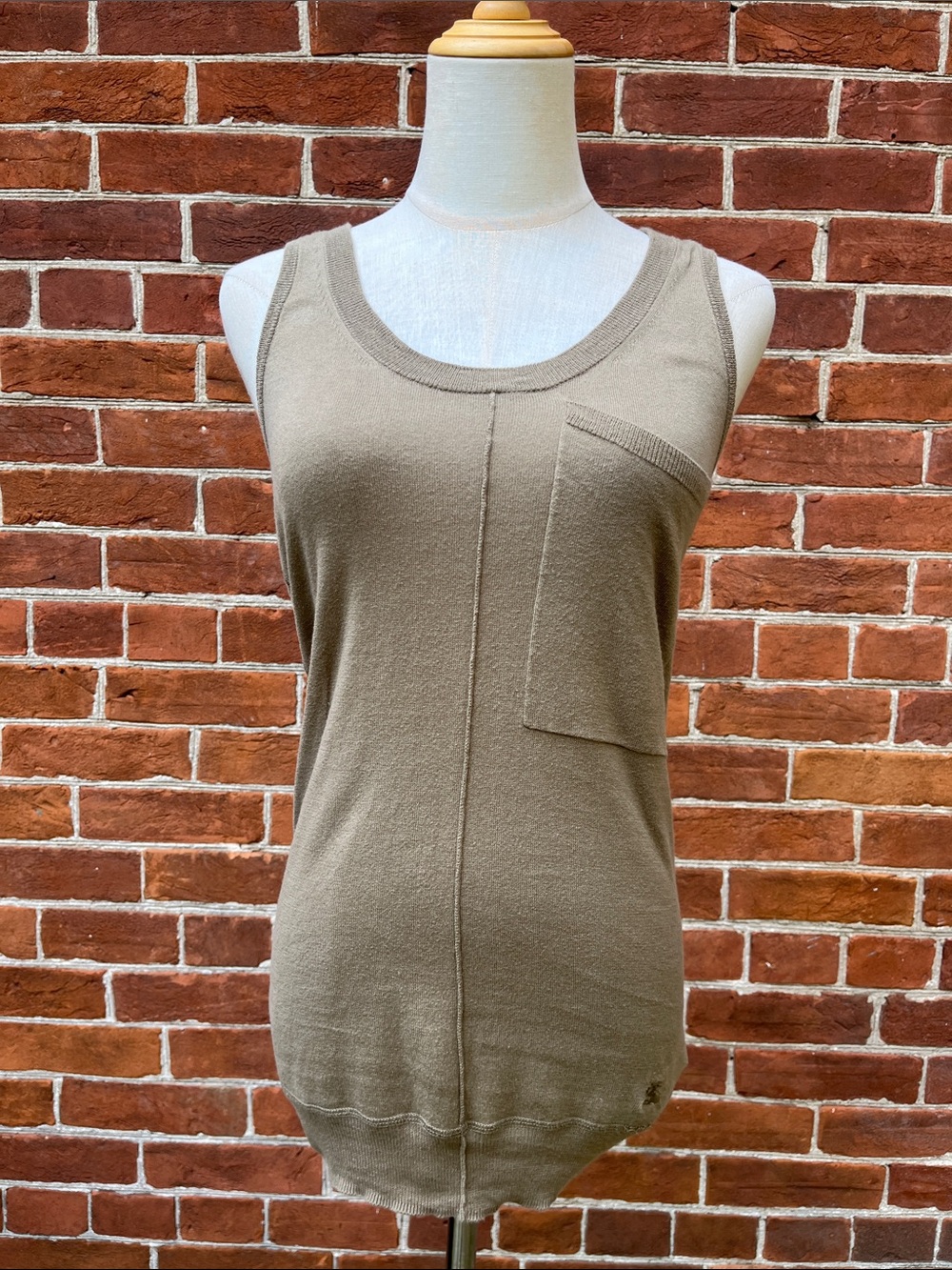 Burberry Brit Taupe Knit Sleeveless Tank with Front Patch Pocket Nova Check Trim